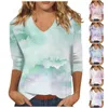 Camisetas Femininas Roupas Plus Size Casual Manga 3/4 Camiseta Decote em V Slim Fitting Tie-Dye Estampada Tops Camiseta Mulher Drop Ship