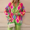 New Women Sweaters Long Sleeve Casual Cardigan Autumn V-neck PatchWork Knit Sweater Fashion Spatching Cell Print Jacket