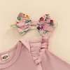 Conjuntos de ropa, 3 uds., pantalones para niña, trajes de 0 a 18 meses, pelele de manga larga con cuello redondo y volantes, camisa con tirantes, pantalones cortos florales, diadema con lazo, trajes