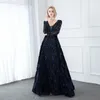 Party Dresses Muslim Full Sleeve Velvet Evening V Neck Navy Blue Rhinestones Ball Gown Formal Gowns Elegant