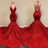 2022 Sexy Dos Nu Rouge Robes De Soirée Halter Profonde Col En V Dentelle Appliques Sirène Robe De Bal Rose Volants Occasion Spéciale Fête Go203j