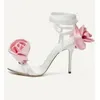 Satin Front Back Sandals Women Flower Lace Up Stiletto High Heel Open Toe Ankle Strap Fashion for Woman