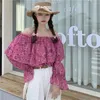 Kvinnors blusar Spring Slash Neck Floral Shirts Fashionable Off the Shoulder Long Sleeve Ruffles Loose Tops Casual Sweet Women Chiffon