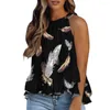 Damesblouses Ademende damestop Halterhals Retro verenprint Vest Tops Onregelmatige ruches zoomblouse voor de zomer