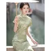 Ethnische Kleidung Vintage grüner Blumendruck Cheongsam Sommer elegant verbesserte chinesische Frauen Knopf langes Qipao