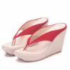 Slippers Crystal Queen Platform Wedges Flip Flops High Heels Slippers White Beach Sandals Bohemia Pink L230725