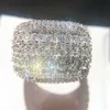 Anéis elegantes cheios de diamante Cz cristal largo anéis de noivado dedo de prata esterlina para mulheres e homens joias