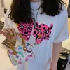 Camiseta feminina rosa leopardo estampado verão K-pop moda feminina de rua camiseta preta manga curta blusa de algodão solta anos 90 Y2K 230720