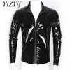 YiZYiF Hommes Brillant Métallique Front-Zip Col Montant Tops Wet Look Sexy En Cuir Verni Discothèque Style Hauts À Manches Longues Pour Hommes 230724