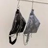 Bolsas de cintura Bolsa de ombro feminina com corrente de metal Preto Xadrez Denim Padrão Couro do plutônio Feminino Corpo transversal Alça larga Pingente Feminino Pacotes