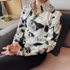 Men's Casual Shirts Black/White Summer Fashion Print Long Sleeve Tuxedo For Men Clothing 2023 Business Slim Fit Chemise Homme Sale