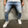 Mäns jeans män jeans män stretchig rippad mager förstörda tejpade lapp smala denim blå jean pants sida remsa fitn koreanska jeans1 l230725