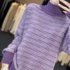 Suéteres de mujer de lana de merino, jersey de rayas con cuello medio alto, Top de punto de moda de otoño e invierno, suéter de Cachemira coreano de gran tamaño