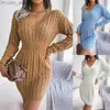 Vestidos casuales básicos Otoño invierno para mujer vestidos de diseñador moda con cuello en V cintura cierre giro envuelto nalga suéter vestido desnatado mujeres corea ropa Z230725