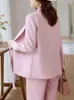 Pantaloni a due pezzi da donna Moda donna coreana Abito rosa da ufficio Tailleur pantalone a due pezzi Blazer elegante Set da donna Giacca casual allentata Abiti da lavoro