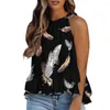 Dames Blouses Dames Halter Mouwloos Vest Tops Retro Veren Print Onregelmatige Ruffle Zoom Blouse Zomer Ademend Koeling Losjes Geplooid