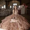 Sexy oro rosa Bling scintillante pizzo pieno abiti Quinceanera abito da ballo innamorato perline di cristallo corsetto indietro volant a strati dolce 16 2932