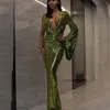 Green Sequin Sheath Evening Dresses Deep V Neck Single Sleeve Prom Gown Back Split Floor Length Womens Cocktail Party Dress