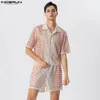 Herrespår Casual Holiday Style Set Incerun Mens See Through Hollowed Mesh kortärmad skjorta Shorts Fashion Man Two Piece 230724