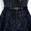 Party Dresses Muslim Full Sleeve Velvet Evening V Neck Navy Blue Rhinestones Ball Gown Formal Gowns Elegant