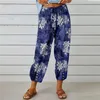 Damenhose, böhmischer Blumendruck, verkürzte Damen-Vintage-Kordelzughose, Boho-elastische Taille, lockeres, weites Bein, Strandpantalones