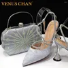 Dress Shoes Chan Fashion Trend Silver Rhinestone Flower Design Pointed Toe High Heels Elegance Shoe And Bag Set For Nigeria Party 2023