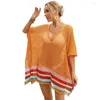 Damen-Badebekleidung, Strand-Vertuschung, aushöhlen, V-Ausschnitt, halbe Ärmel, unregelmäßiger Saum, Kleid, gestreift, Kontrastfarbe, Sommerurlaub