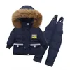 Donsjas 2023 Winter Baby Jongen Snowsuit Capuchon Echt Bont Baby Meisje Donsjack Baby Overalls Peuter Jumpsuit Jongen 2 Stuks Kleding Set Outfit HKD230725