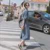 Casual Dresses Maxi Denim Long Dress Women Short-Sleeved Midi-Length Split Thin Clothes 2023 Summer Trend Korean Fashion Ladies Elegant