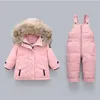 New Baby Down Jacket Boys 바지를 두껍게하는 어린이 의류 세트 1-5 세 세트 아이 겨울 따뜻한 코트 유아 여자 옷 유아 대형 외투 l230625