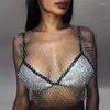 Camisetas Femininas Femininas Summer Diamond Mesh Fishnet Crop Tops Strass Sexy Out Round Decote em V Sem Mangas Curto Camisole Top