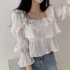 女性のブラウスiyundo 2023フレンチショートネックシャツ夏の韓国の恋人フレアスリーブトップ気質ファッション