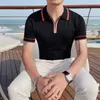 Polos masculinos moda com zíper gola para baixo manga curta camisas polo de malha para roupas masculinas 2023 negócios casuais slim fit sólido camiseta