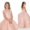 2022 Söt Rose Gold Sequined Lace Girls Pageant Dresses Crystal Pärled Blush Pink Kids Prom Dress Födelsedagsfestklänningar för Little 225p