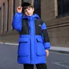 ダウンコートHSSCZLボーイズダウンスプライシングジャケットロングロング2022新しい冬の厚い男の子アウターウェアオーバーコートフード付き子供の子供用服HKD230725