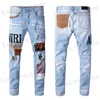 Mäns jeans mode lapp rippade blå män smal fit designer tvättade denim byxor hip hop dj fest punk rock byxor t230725