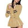 Giacche da donna Giacca uniforme da hostess Orlo arricciato Patchwork Pelle lucida in PVC Collo rovesciato Costume da club sexy doppio petto S-7XL