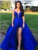 Hals Avondjurken Grote Maat Taffeta A-lijn Formele Kleding Royal Blue Side Split Backless Prom Dresses Sheer Kelderen Gratis Verzending