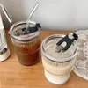 Vinglas 450 ml Simple Stripe Coffee Glass Cup med lock och halm transparent bubbla Tea Juice Milk Mocha Cups Breakfast Mug 230725