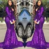 Purple V Neck Sequins Mermaid Long Prom Dresses Sparkling Long Sleeves Ruched Formal Celebrity Evening Party Gowns Plus Size BC402188B