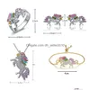 Earrings Necklace Crystal Unicorn Rings Bracelet Jewelry Set Cute Cartoon Rainbow Horse Accessories For Women Drop Delivery Sets Dhn72