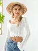 T-shirts pour femmes Wsevypo Off-Shoulder Knit Crop Tops Automne Printemps Rayé Flare Manches Longues Slim Fit T-Shirts Courts Casual Basic Tees