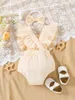 ロンパース0-12ヶ月の子供の女の女の子ジャンプスーツ幼児編みフリルスリーブボディスーツヘッドバンド生まれたロンパー服