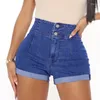 Calça Jeans Feminina 2023 Azul Alta Elástico Lavado Shorts Jeans Europeu e Americano Calças Francesas Botões