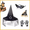 Berets Delicate Mesh Veil Witch Hat With Skull Print Gloves Ladies Cosplay Medieval Party Fake Nails&Sunglasses Costume