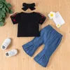 Conjuntos de roupas infantil menina calça casual roupas manga curta estampa de coração patchwork camiseta preta longa flare conjunto de bandana de nó