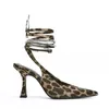 Buty sukienne Leopard seksowne sandały na pięcie koronki w górę spiczaste palce cienki wysoki proce lady kostki