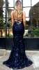 Navy Blue Glitz Lace Sequined Mermaid Prom Dresses Sexy Deep V Neck Backless Prom Gowns Vestidos De Festa