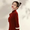 Этническая одежда Qipao Red Wine Hanfu Женщины Осень с длинным рукава