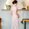 Etniska kläder Förbättrad kinesisk stil A-Line Retro Dress Vestidos Spring Autumn Qipao Midlängd Slit Cheongsam Pink Formal Party Gown